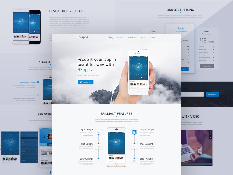 rxapps app landing template freebie download photoshop resource app landing page psd